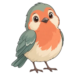 Pip, an illustrated mascot: a robin-like bird with a coral breast, cream face and sage wings.