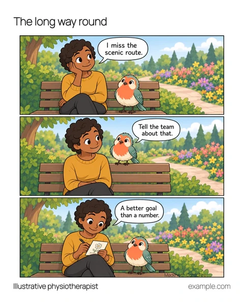 Illustrative 4:5 adaptation: A park bench beside a garden path; no exercise demonstration. Visitor says, “I miss the scenic route.” Pip says, “Tell the team about that.” Visitor says, “A better goal than a number.”