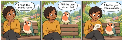 Illustrative comic: A park bench beside a garden path; no exercise demonstration. Visitor says, “I miss the scenic route.” Pip says, “Tell the team about that.” Visitor says, “A better goal than a number.”
