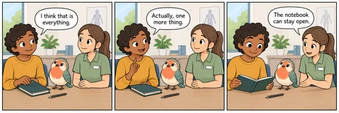 Illustrative comic: An ordinary clinic consultation table with the clinician in sage polo. Visitor says, “I think that is everything.” Visitor says, “Actually, one more thing.” Clinician says, “The notebook can stay open.”