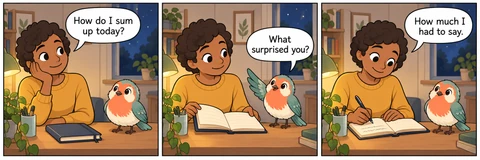 Illustrative comic: A home desk in evening lamplight with Pip perched beside a notebook. Visitor says, “How do I sum up today?” Pip says, “What surprised you?” Visitor says, “How much I had to say.”