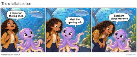 Illustrative framed comic: A blue-lit public aquarium viewing tunnel. Visitor says, “I came for the big ones.” Guide says, “Meet the opening act.” Visitor says, “Excellent stage presence.”