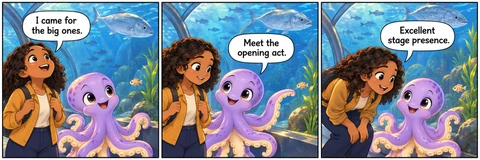 Illustrative comic: A blue-lit public aquarium viewing tunnel. Visitor says, “I came for the big ones.” Guide says, “Meet the opening act.” Visitor says, “Excellent stage presence.”