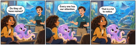 Illustrative comic: A public keeper-talk area with benches and an exhibit behind protective glass. Visitor says, “Do they all have names?” Keeper says, “Every one has our attention.” Visitor says, “That is a lot to notice.”