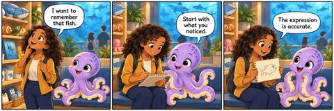 Illustrative comic: The aquarium exit seating area beside an unlettered gift-shop display. Visitor says, “I want to remember that fish.” Guide says, “Start with what you noticed.” Visitor says, “The expression is accurate.”