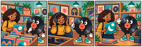 Illustrative comic: A visitor browses a shelf, listens at a station and leaves holding a chosen record with the mascot beside her.