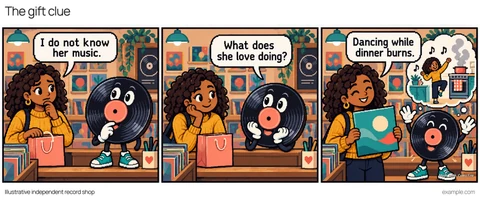 Illustrative framed comic: Afternoon at the record-shop gift counter. Visitor says, “I do not know her music.” Record says, “What does she love doing?” Visitor says, “Dancing while dinner burns.”