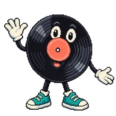 Rory, an illustrated mascot: a black vinyl record with a coral label, white gloves and teal sneakers.
