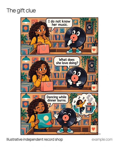 Illustrative 4:5 adaptation: Afternoon at the record-shop gift counter. Visitor says, “I do not know her music.” Record says, “What does she love doing?” Visitor says, “Dancing while dinner burns.”