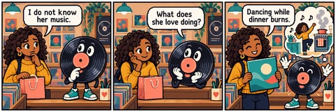 Illustrative comic: Afternoon at the record-shop gift counter. Visitor says, “I do not know her music.” Record says, “What does she love doing?” Visitor says, “Dancing while dinner burns.”