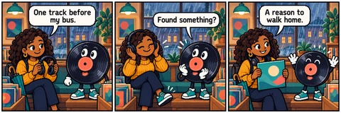 Illustrative comic: The shop listening nook by a rain-streaked window. Visitor says, “One track before my bus.” Record says, “Found something?” Visitor says, “A reason to walk home.”