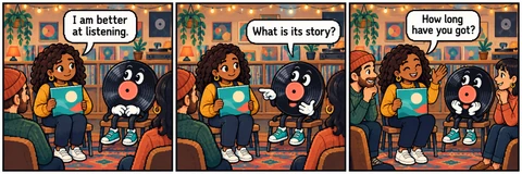 Illustrative comic: An evening record-sharing circle with chairs in the shop back room. Visitor says, “I am better at listening.” Record says, “What is its story?” Visitor says, “How long have you got?”
