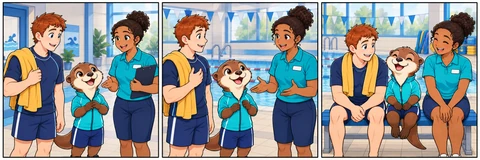 Illustrative comic: An adult learner arrives with an otter companion, meets a human instructor and sits down for an introduction.