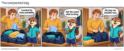 Illustrative framed comic: A home hallway with a bench and an open swimming bag. Learner says, “I packed for every possibility.” Otter says, “Ask the coach what to bring.” Learner says, “My bag can breathe now.”