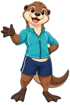 Ollie, an illustrated mascot: a brown otter with a cream muzzle, teal pool jacket and navy shorts.