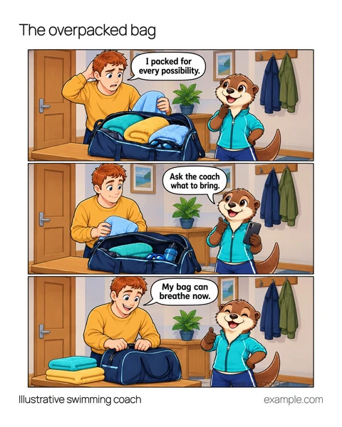 Illustrative 4:5 adaptation: A home hallway with a bench and an open swimming bag. Learner says, “I packed for every possibility.” Otter says, “Ask the coach what to bring.” Learner says, “My bag can breathe now.”