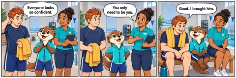 Illustrative comic: A dry indoor pool deck, human instructor present in every panel, everyone well back from the water. Learner says, “Everyone looks so confident.” Coach says, “You only need to be you.” Learner says, “Good. I brought him.”