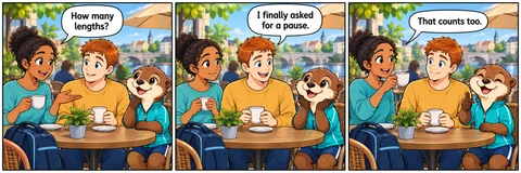 Illustrative comic: A cafe terrace after the lesson; the learner wears a mustard sweatshirt and navy trousers, bag beside his chair. Friend says, “How many lengths?” Learner says, “I finally asked for a pause.” Friend says, “That counts too.”