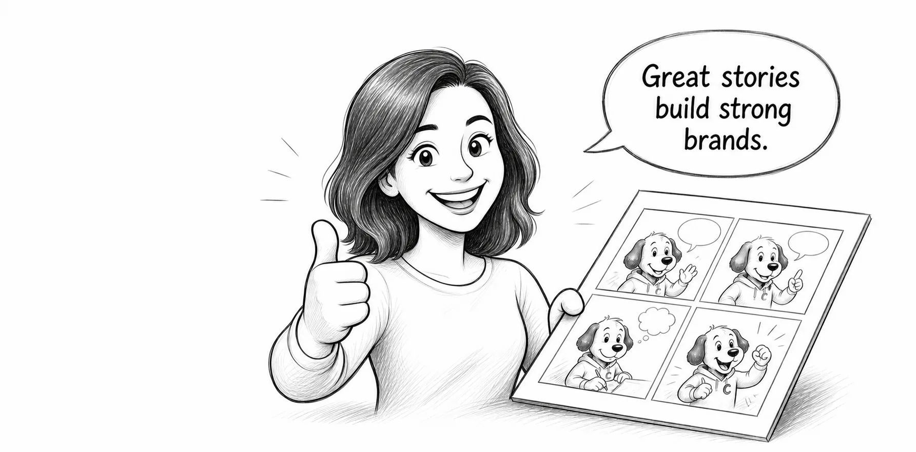 Mascot presenting a finished comic strip