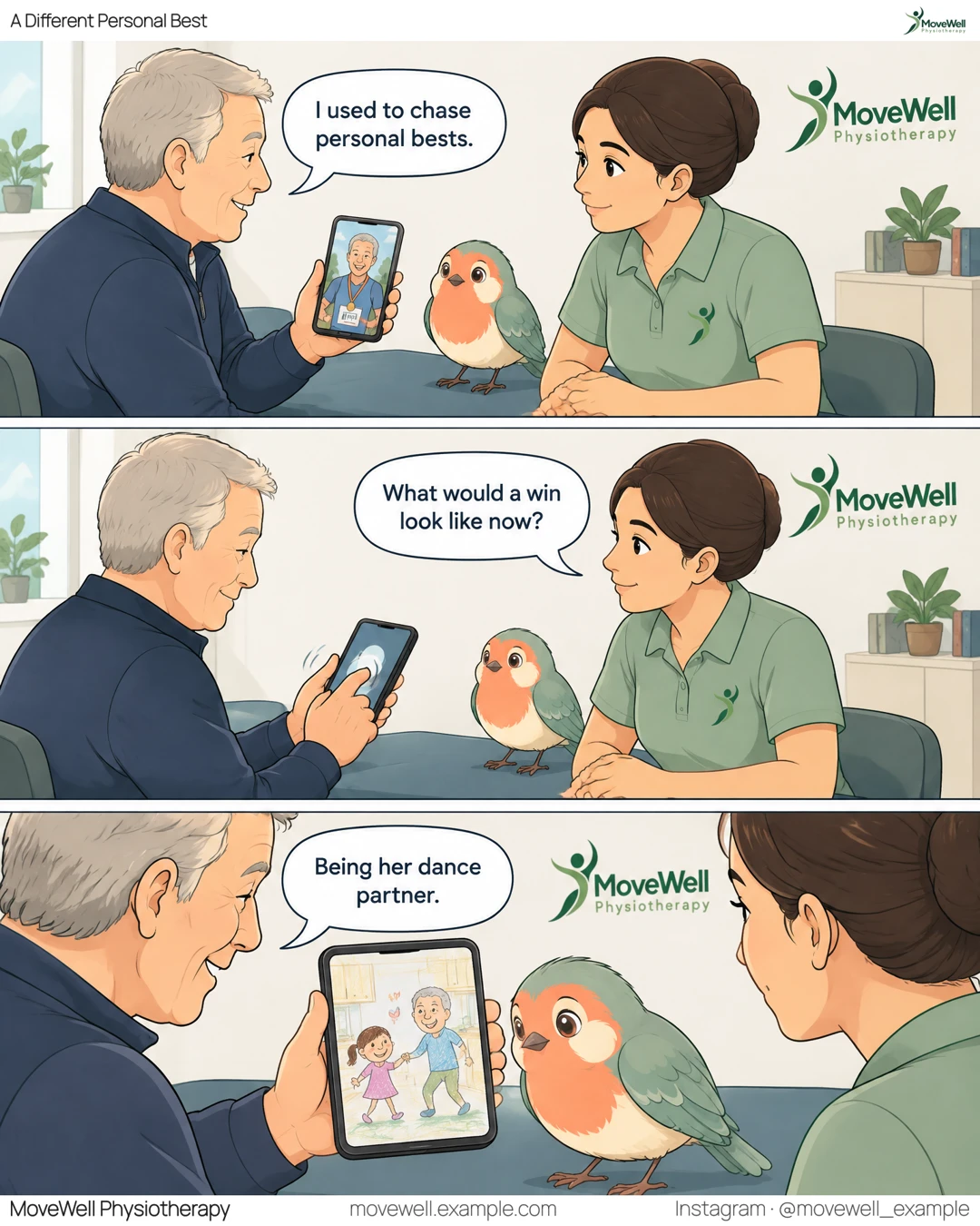 Illustrative comic: An older man explains to a physiotherapist that his new goal is dancing with a child.