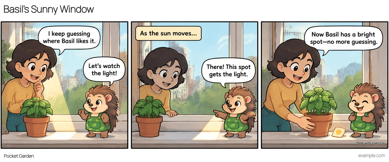 Illustrative comic: A gardener and hedgehog watch the light before choosing a place for basil.