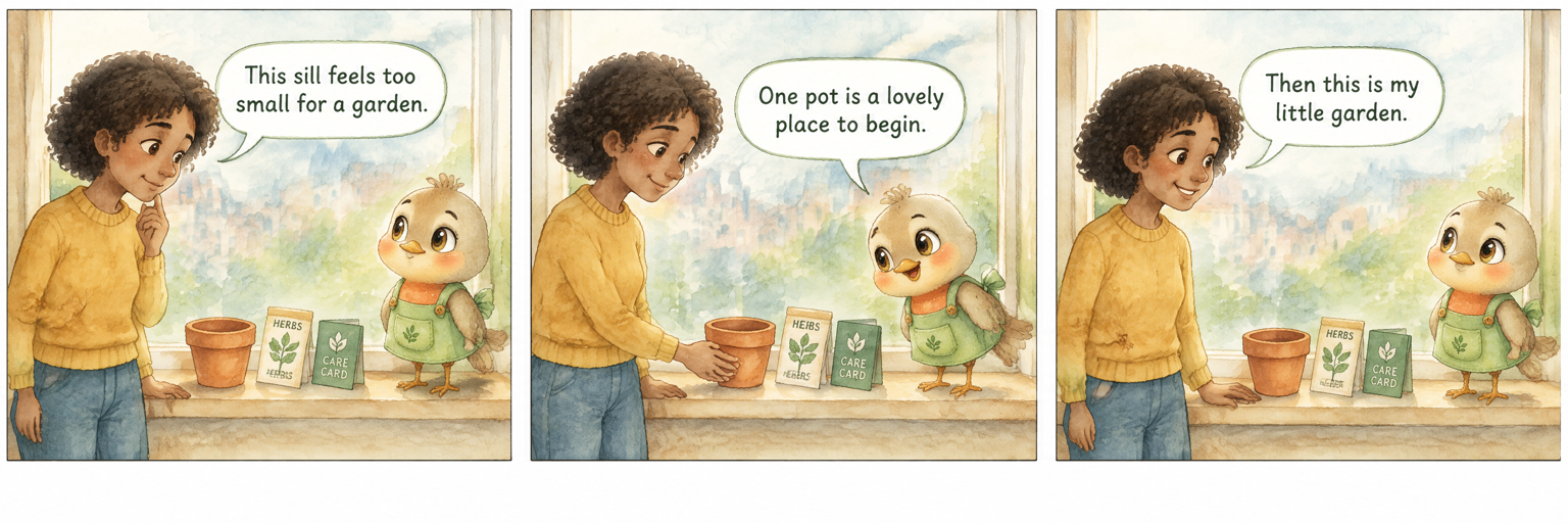 Illustrative comic: A gardener and turtle mascot find room for a small garden on a windowsill.