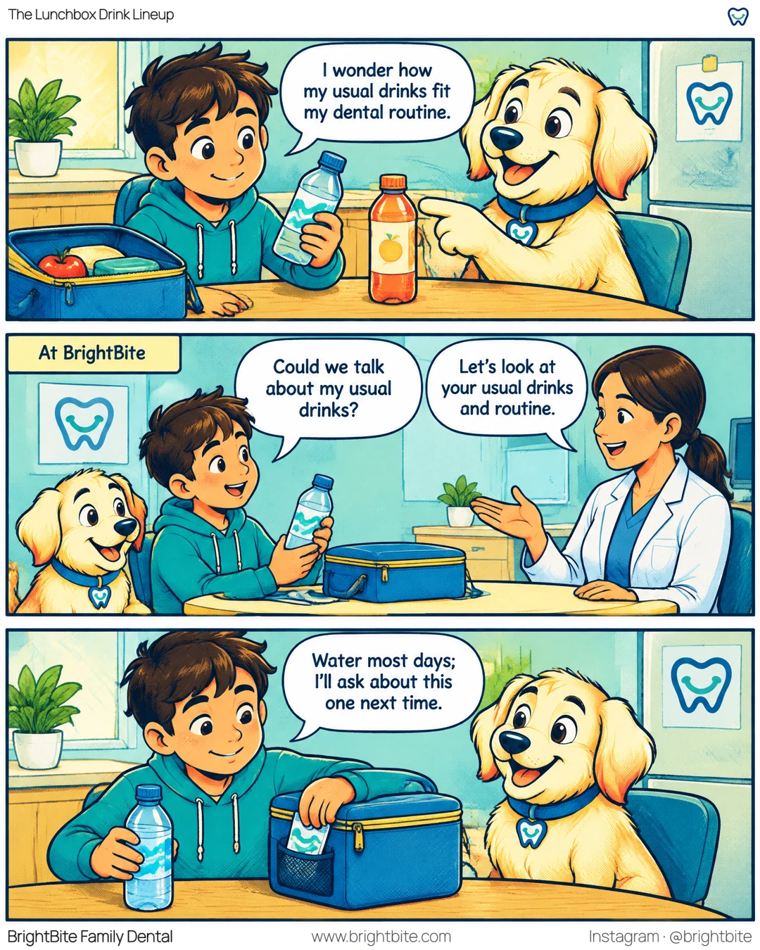 Illustrative comic: A child brings questions about lunchbox drinks to a dental clinician.