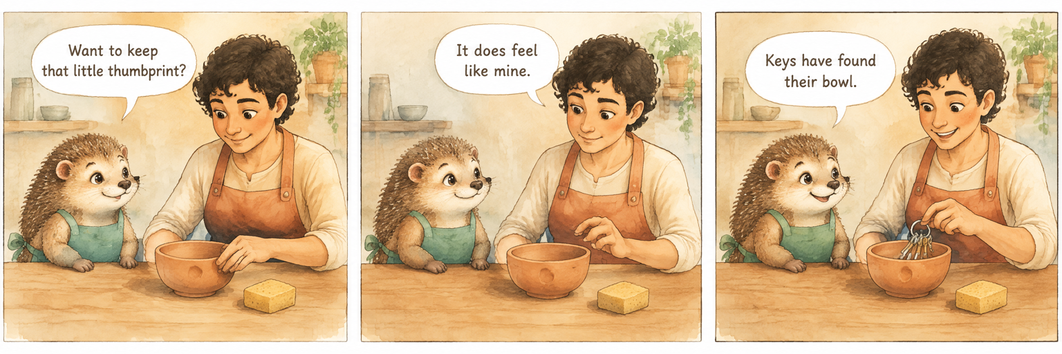 Illustrative comic: A potter and hedgehog mascot appreciate a handmade bowl that becomes a place for keys.