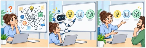Illustrative comic: a robot helps a founder turn a tangled idea into three clear steps.