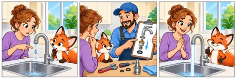 Illustrative comic: a fox and repair professional help a customer with a dripping tap.