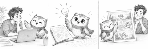 Illustrative comic: the same owl mascot welcomes a visitor, explains an idea, and presents a story.