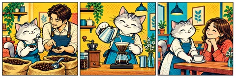 Illustrative comic: a cat and café owner choose beans, brew coffee, and serve a guest.