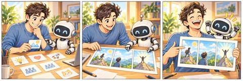 Illustrative comic: a robot helps a founder choose an idea, arrange panels, and present a finished comic.