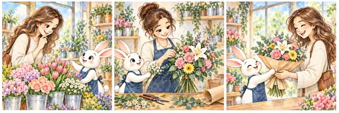 Illustrative comic: a rabbit and florist help a customer choose flowers and assemble a bouquet.